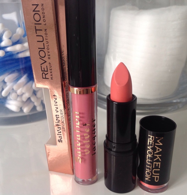 Salvation Velvet Lip Laquer in What I believe (L) and Lipstick in Bliss (R)